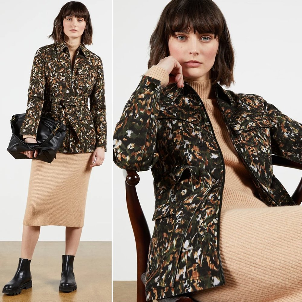 TED BAKER Inniza Safari Utility Belted JACKET Size 1 XS Khaki Camo Print NEW